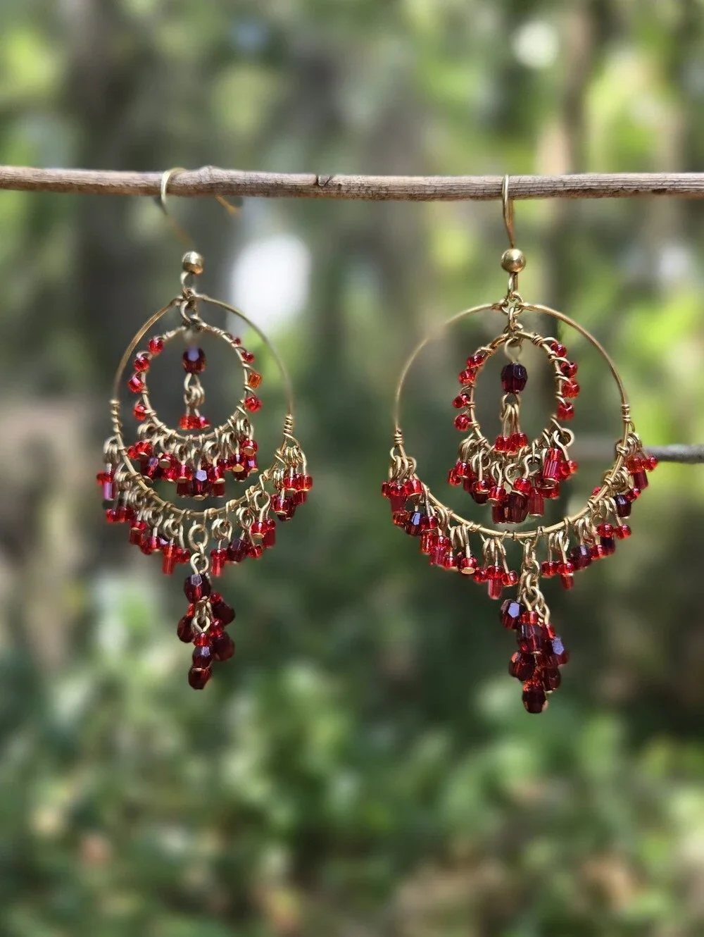 Vintage Gold Tone Hoop Chandelier Earrings with Red Beads